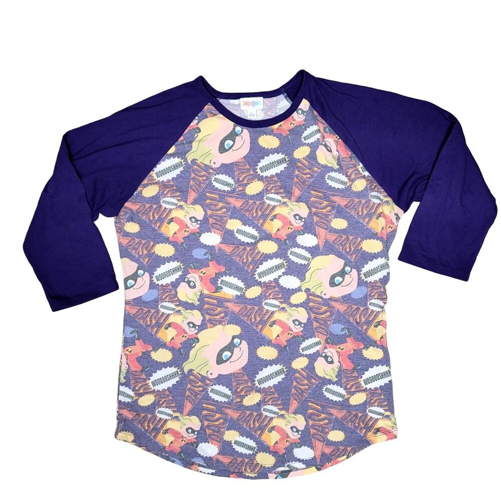 LuLaRoe Incredibles dash size L Purple/Multicolor Graphic Baseball Tee